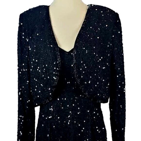 Vintage Formal Silk Black Sequin Beaded Dress Glam Event Gown Bolero Jacket Sz M - Picture 3 of 16